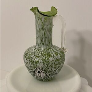 Vintage Pilgrim Handblown Bud Vase Green And White Splatter Art Glass